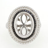 Sterling Silver semi mount ring setting with Black Spinel, cabochon design and halo milgrain detail.