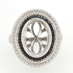 Sterling Silver semi mount ring setting with Black Spinel, cabochon design and halo milgrain detail.