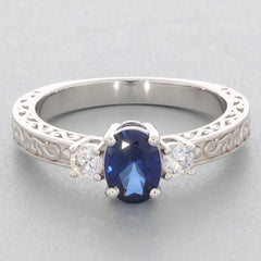 Sterling Silver Semi Mount Ring Setting with Oval Blue Stone and White Topaz, Art Deco style, customizable sizes available.