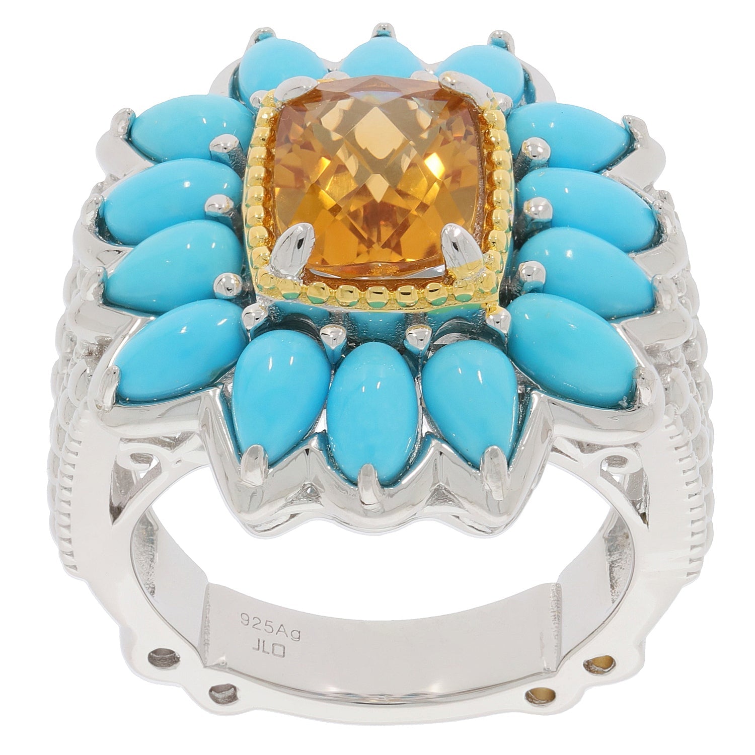 Sterling silver semi mount ring setting featuring a cushion-cut yellow gemstone and turquoise floral halo design.