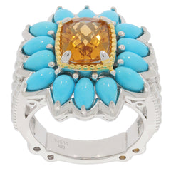 Sterling silver semi mount ring setting featuring a cushion-cut yellow gemstone and turquoise floral halo design.