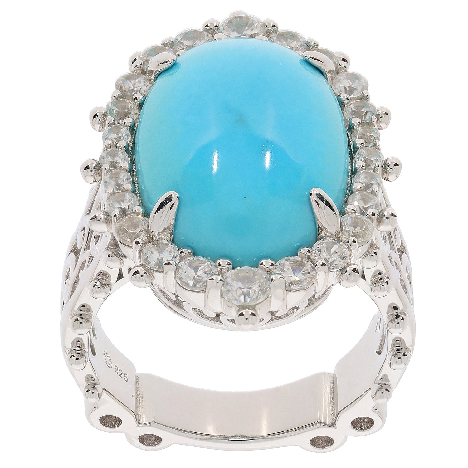 Sterling silver semi mount ring setting featuring an oval turquoise gemstone surrounded by white topaz accents.