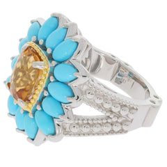 Sterling Silver semi mount ring setting with blue stones and a golden center gemstone in floral halo design.