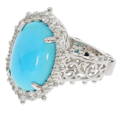 Sterling silver semi mount ring setting featuring an oval blue gemstone surrounded by sparkling crystals.