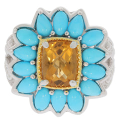 Sterling silver semi mount ring with cushion cut yellow gemstone and turquoise halo design.