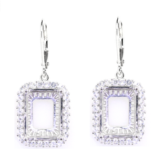 Sterling Silver Semi Mount Earring Setting Emerald OCT 16x12 Halo W/ White Topaz Moissanite or Diamond