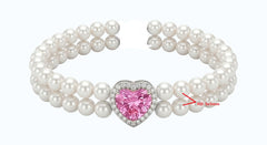 Sterling Silver 2 Row Pearl Bracelet with Heart HT 8x8mm Pink Topaz with CVD Diamonds