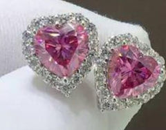 Sterling Silver Earrings Heart HT 8x8mm Pink Topaz with CVD Diamond Accents