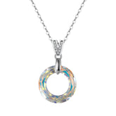 Sterling silver pendant necklace with round Austria crystal, symbolizing love and unity, adjustable 18 inch chain.