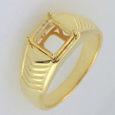 Men's yellow gold semi mount ring setting with a square frame for gemstone, designed for custom sizes.
