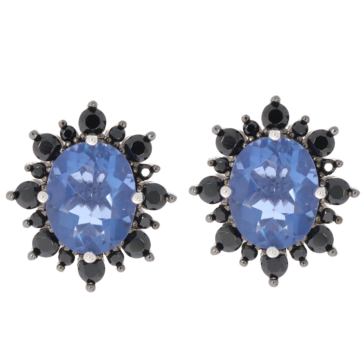 Oval blue sapphire sterling silver earrings with spinel accents, showcasing elegance and luxury.
