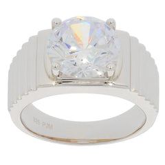 Round white Moissanite sterling silver ring with a sparkling gemstone in elegant design.