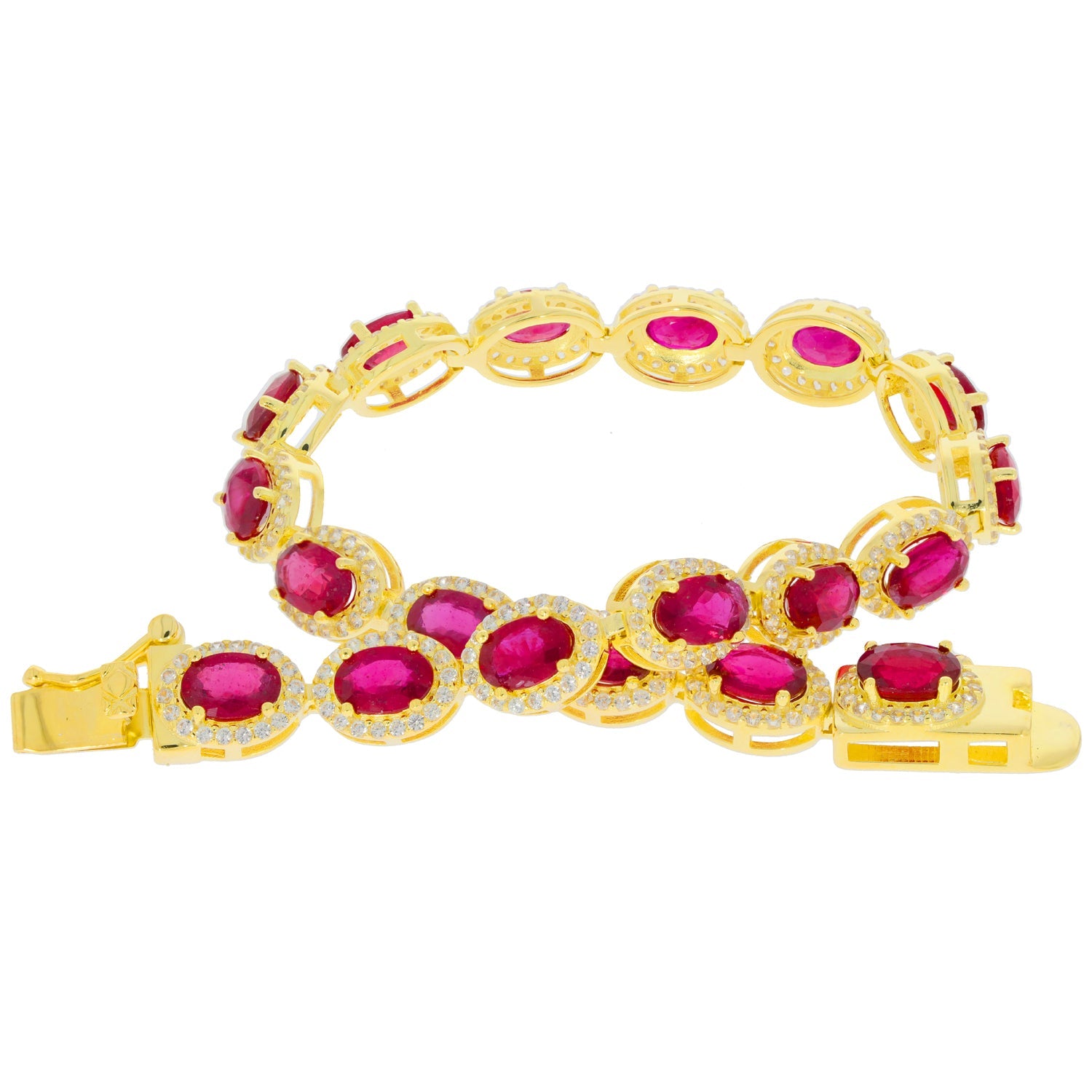 Gold bracelet featuring oval pink gemstones surrounded by sparkling accents, designed for elegance and luxury.