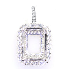Sterling Silver Semi Mount Pendant Setting Emerald OCT 16x10x8.2 Halo W/ White Topaz Moissanite or Diamond