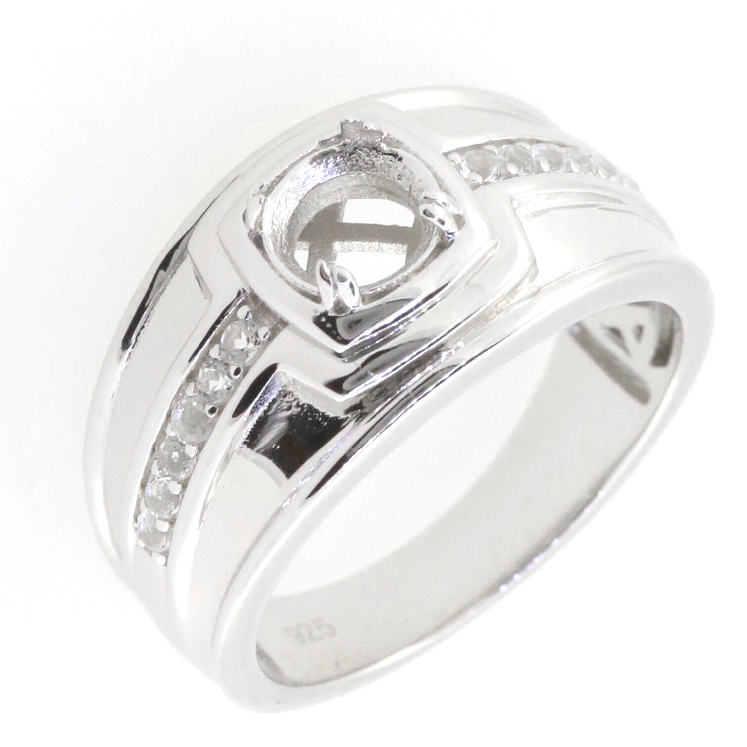 Custom men's sterling silver semi mount ring setting with a round 8x8mm gemstone placeholder.
