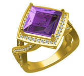 Custom order Semi Mount Ring Setting with purple gemstone and sparkling halo in gold.
