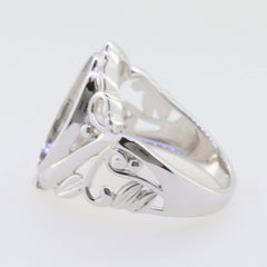 Sterling silver semi mount ring setting with intricate Art Nouveau design, perfect for an oval cabochon gemstone.