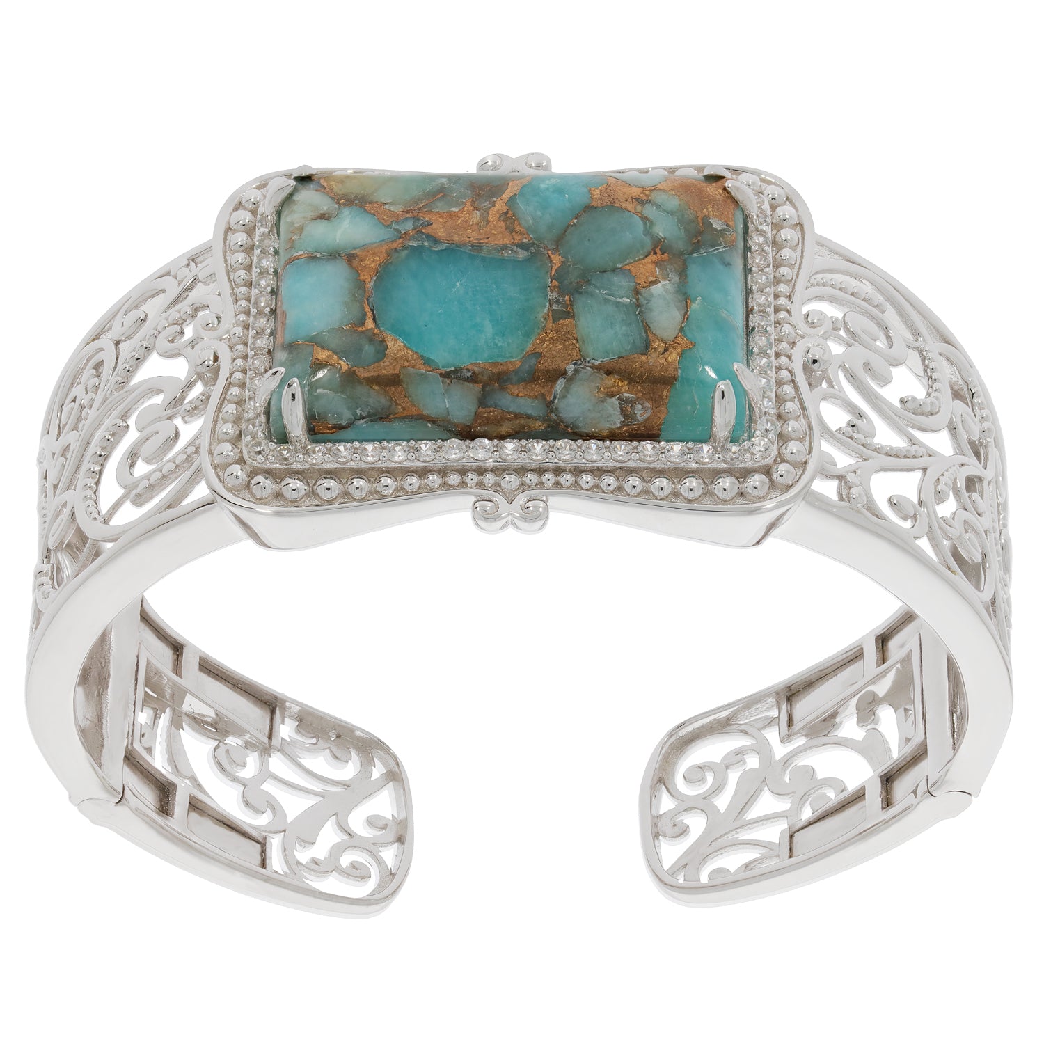 Elegant blue turquoise sterling silver bangle with intricate design and sparkling accent.