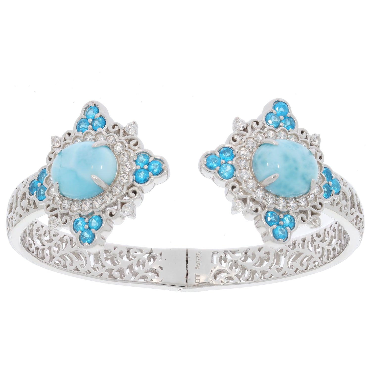 Oval blue Larimar Pectolite sterling silver bracelet with topaz accents, showcasing intricate design and luxury.