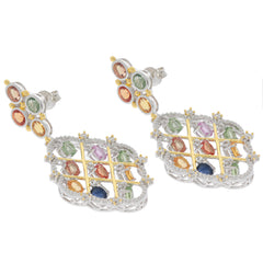 Elegant oval multiple color sapphire sterling silver earrings with accent stones, perfect for a sophisticated style.