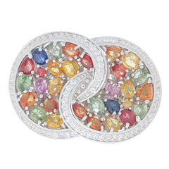 Multiple color sapphire sterling silver ring with diamond accents, showcasing vibrant gemstones and elegant design.