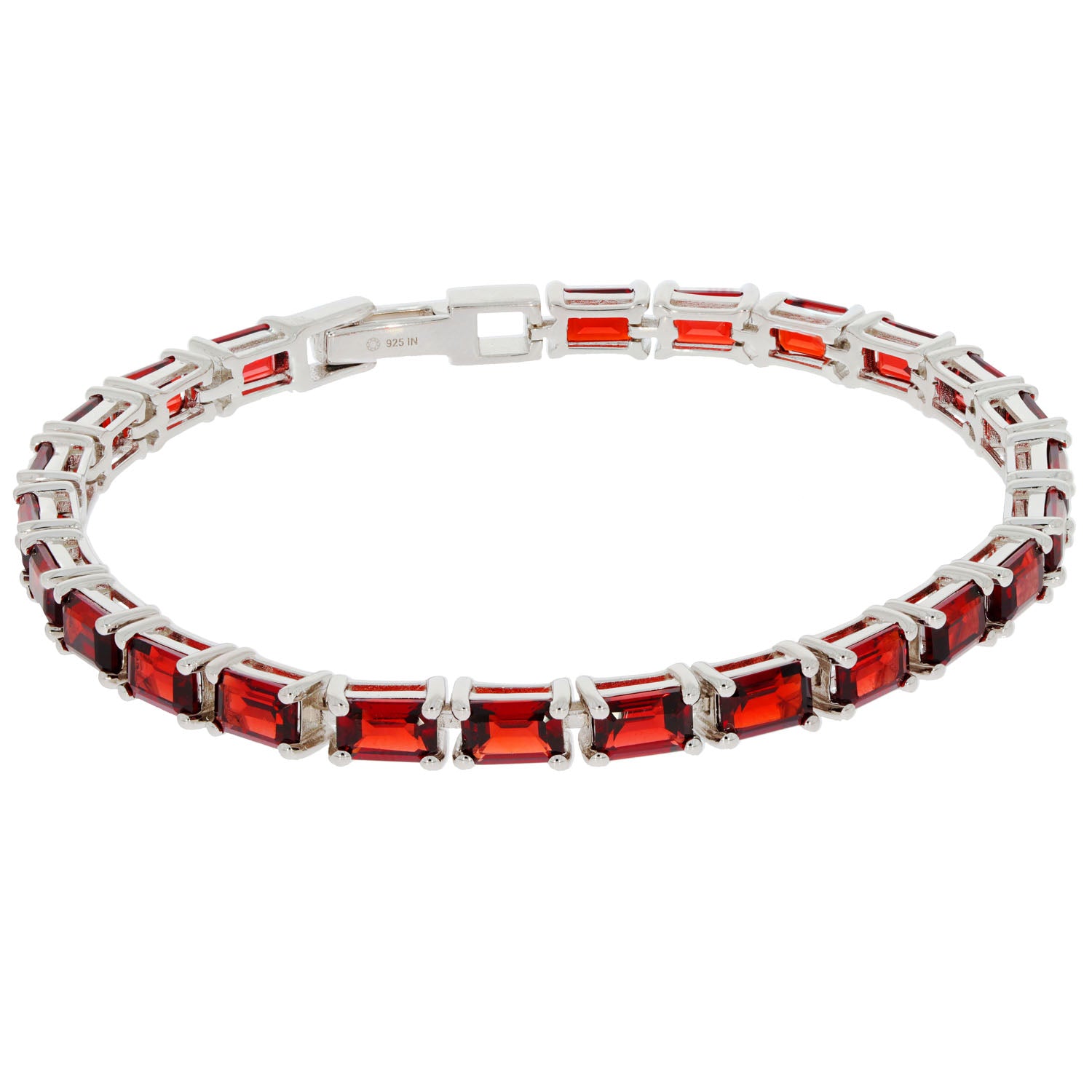 Custom Sterling Silver Tennis Bracelet with Emerald Cut Gemstones in Red, made to order with adjustable sizing options.
