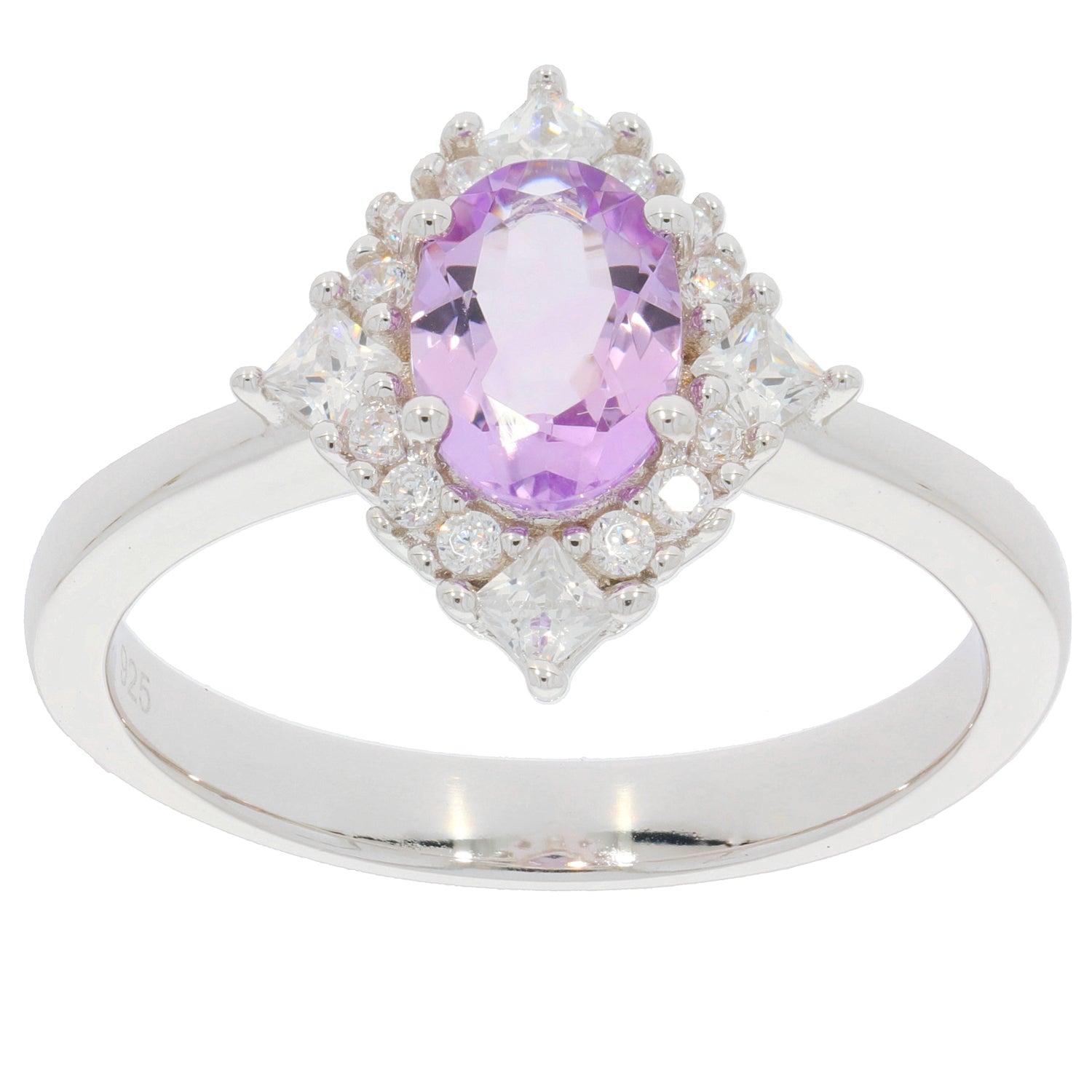 Elegant oval purple amethyst sterling silver ring with moissanite accents, perfect for luxurious style.
