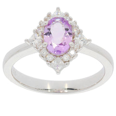 Elegant oval purple amethyst sterling silver ring with moissanite accents, perfect for luxurious style.