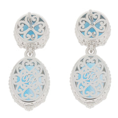 Oval blue London Topaz sterling silver earrings featuring intricate filigree design and sparkling gemstone accents.