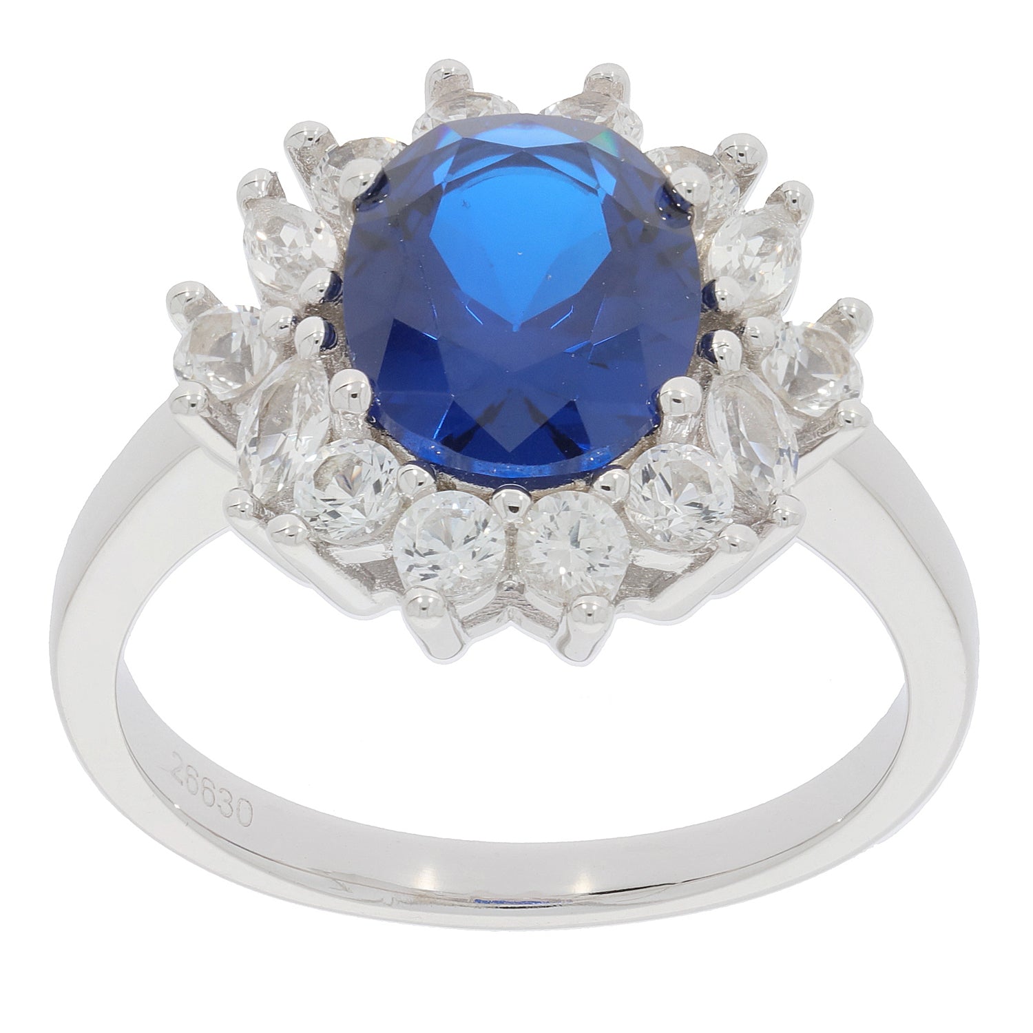 Oval blue sapphire sterling silver ring with accent diamonds for elegant jewelry collection.