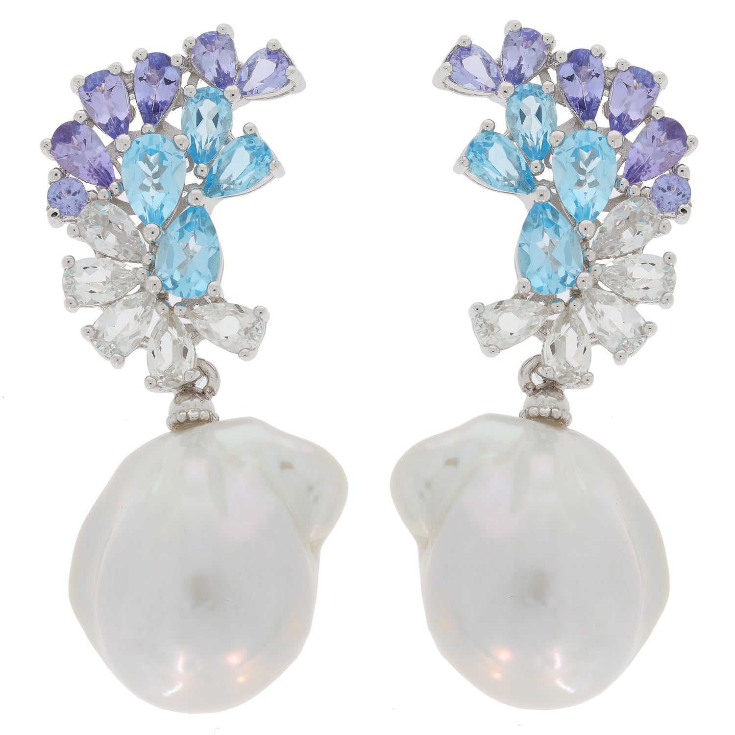 Elegant white pearl sterling silver earrings with colorful gemstone accents, radiating luxury and sophistication.