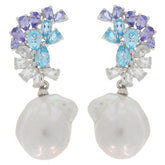 Elegant white pearl sterling silver earrings with colorful gemstone accents, radiating luxury and sophistication.