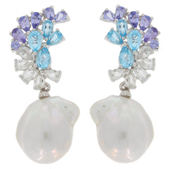 Elegant white pearl sterling silver earrings with colorful gemstone accents, radiating luxury and sophistication.