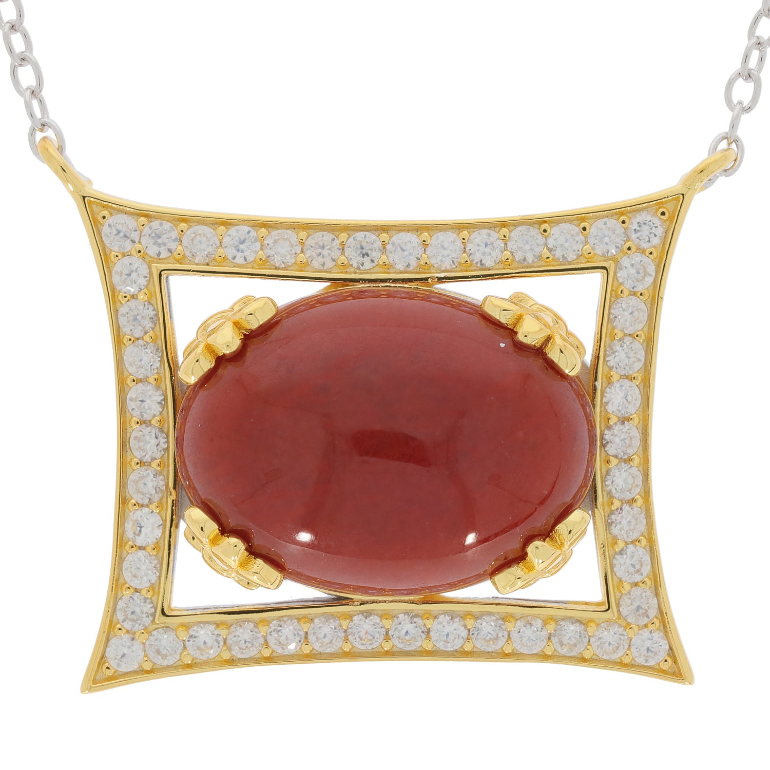 Oval red coral sterling silver pendant with accent stones for elegant jewelry collection.