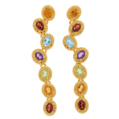 Oval multi-color gemstone earrings featuring amethyst, citrine, garnet, and topaz in sterling silver settings.
