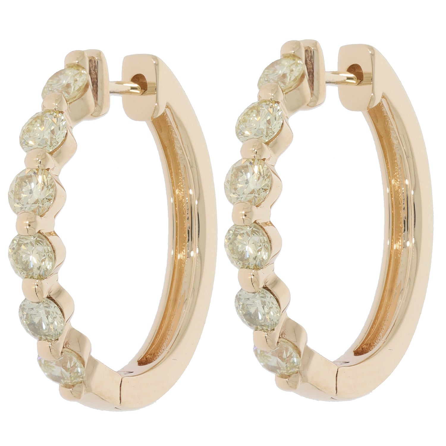 Elegant round green diamond 14K yellow gold earrings featuring sparkling gemstones in a chic hoop design.
