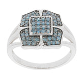 Blue diamond sterling silver ring with accent stones, showcasing a stunning floral design and elegance.