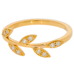 22K yellow gold ring with leaf design and sparkling diamond accents, showcasing elegance and luxury.