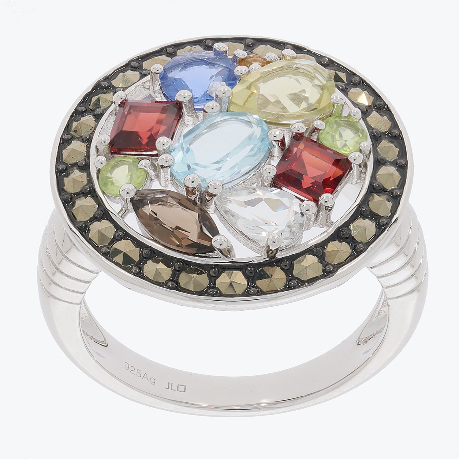 Marquise multiple color topaz ring in sterling silver with garnet accent and sparkling gemstones.