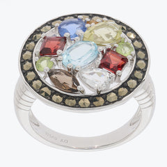 Marquise multiple color topaz ring in sterling silver with garnet accent and sparkling gemstones.