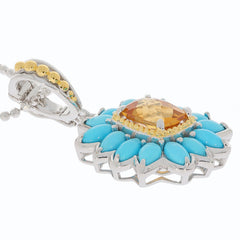 Cushion Yellow Citrine Sterling Silver Pendant with Turquoise Accent, luxury jewelry piece, elegant design.