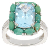 Cushion blue topaz sterling silver ring with turquoise accents, showcasing elegance and luxury.