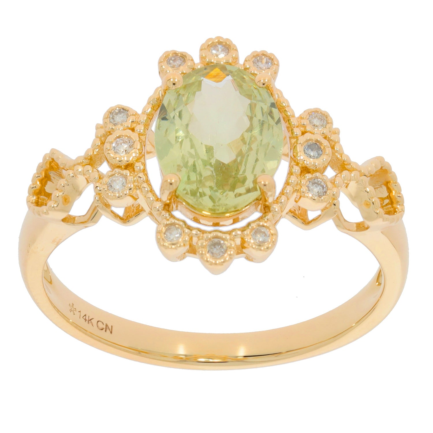 Oval green peridot 14K yellow gold ring with diamond accent, featuring an intricate floral design.