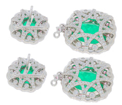 Cushion green emerald sterling silver earrings with sapphire accents, featuring a sparkling gemstone design.