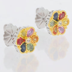 Multiple color sapphire sterling silver earrings featuring a floral design and sparkling gemstones.