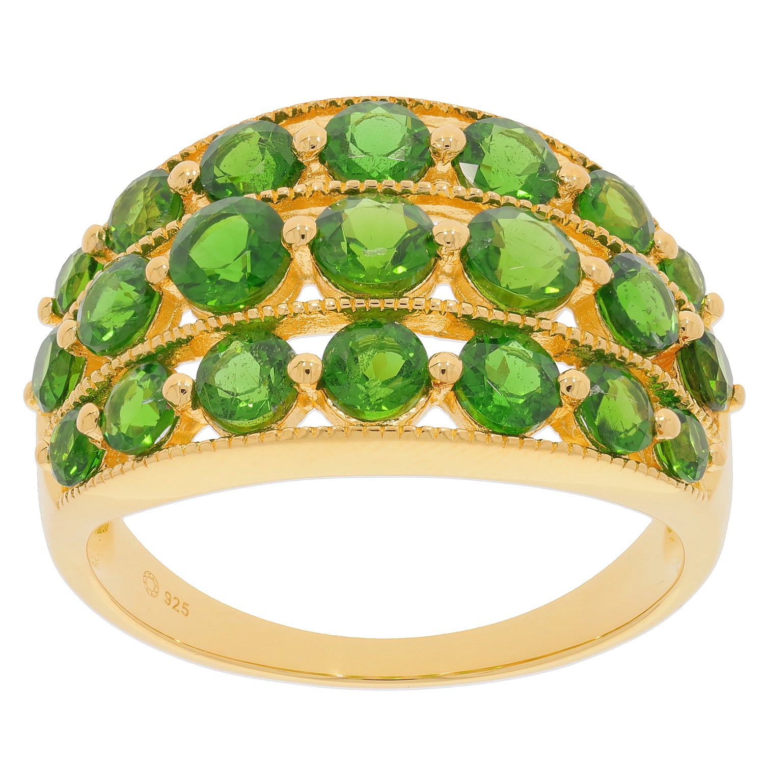 Elegant gold ring featuring multiple round green Chrome Diopside gemstones, perfect for adding luxury to any outfit.
