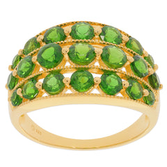 Elegant gold ring featuring multiple round green Chrome Diopside gemstones, perfect for adding luxury to any outfit.