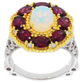 Elegant white opal sterling silver ring with accent garnets and gold detailing, showcasing exquisite craftsmanship.