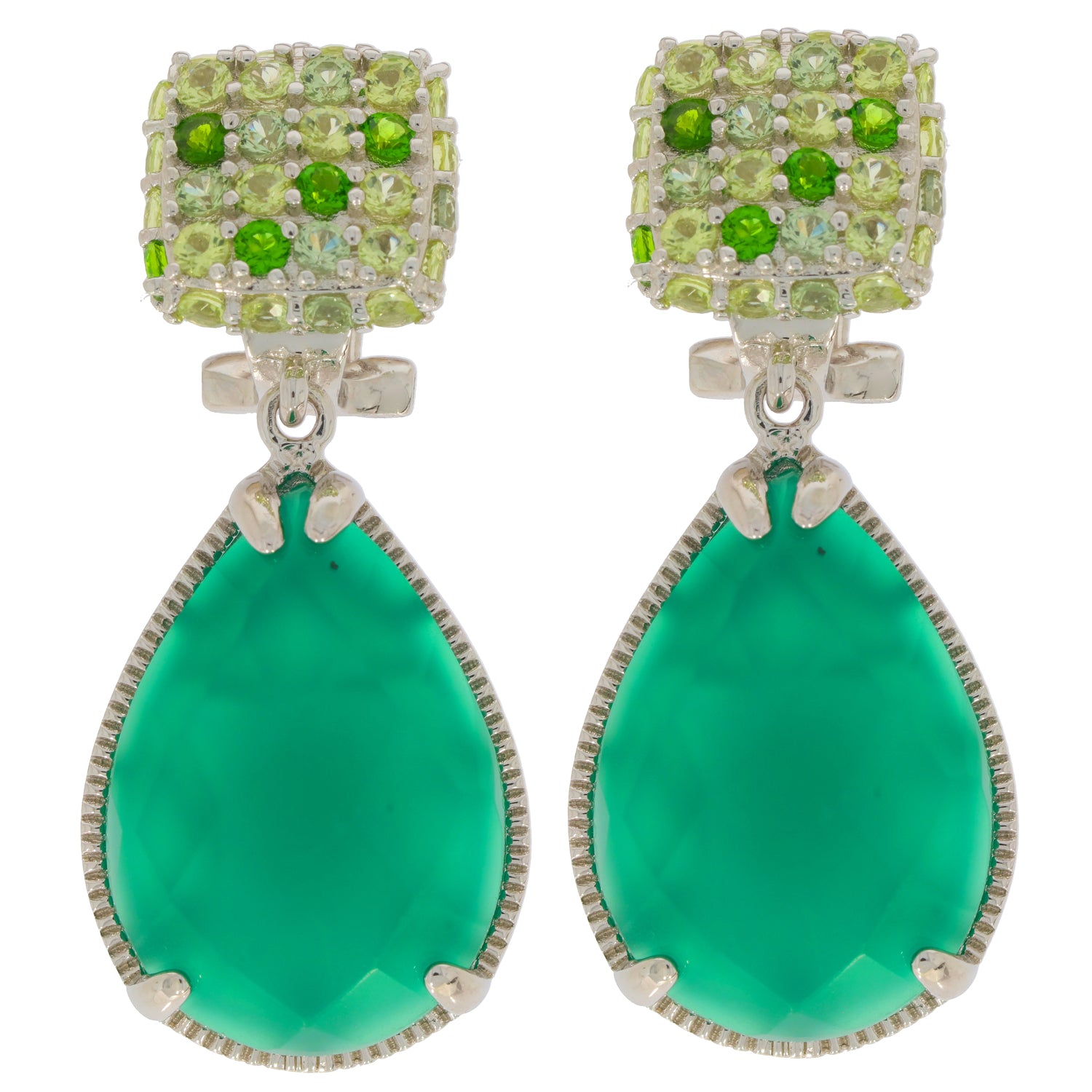 Elegant green jadeite sterling silver earrings with sparkling gemstone accents, perfect for a sophisticated style.
