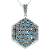 Blue diamond sterling silver pendant in hexagon shape with sparkling gemstones, elegant jewelry piece for any collection.